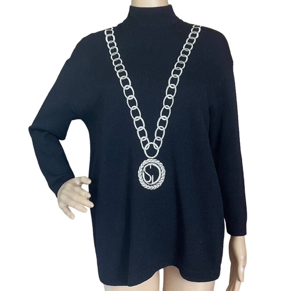 ST JOHN P S Santana knit embroidered chain zip shoulder mock neck sweater